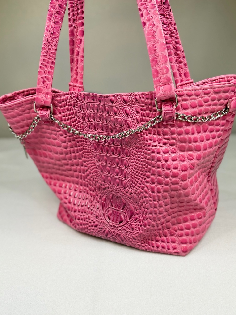 The Texas Bag Lady Pink Crocodile Embossed Tote Bag Chain Detail Shoulder Bag